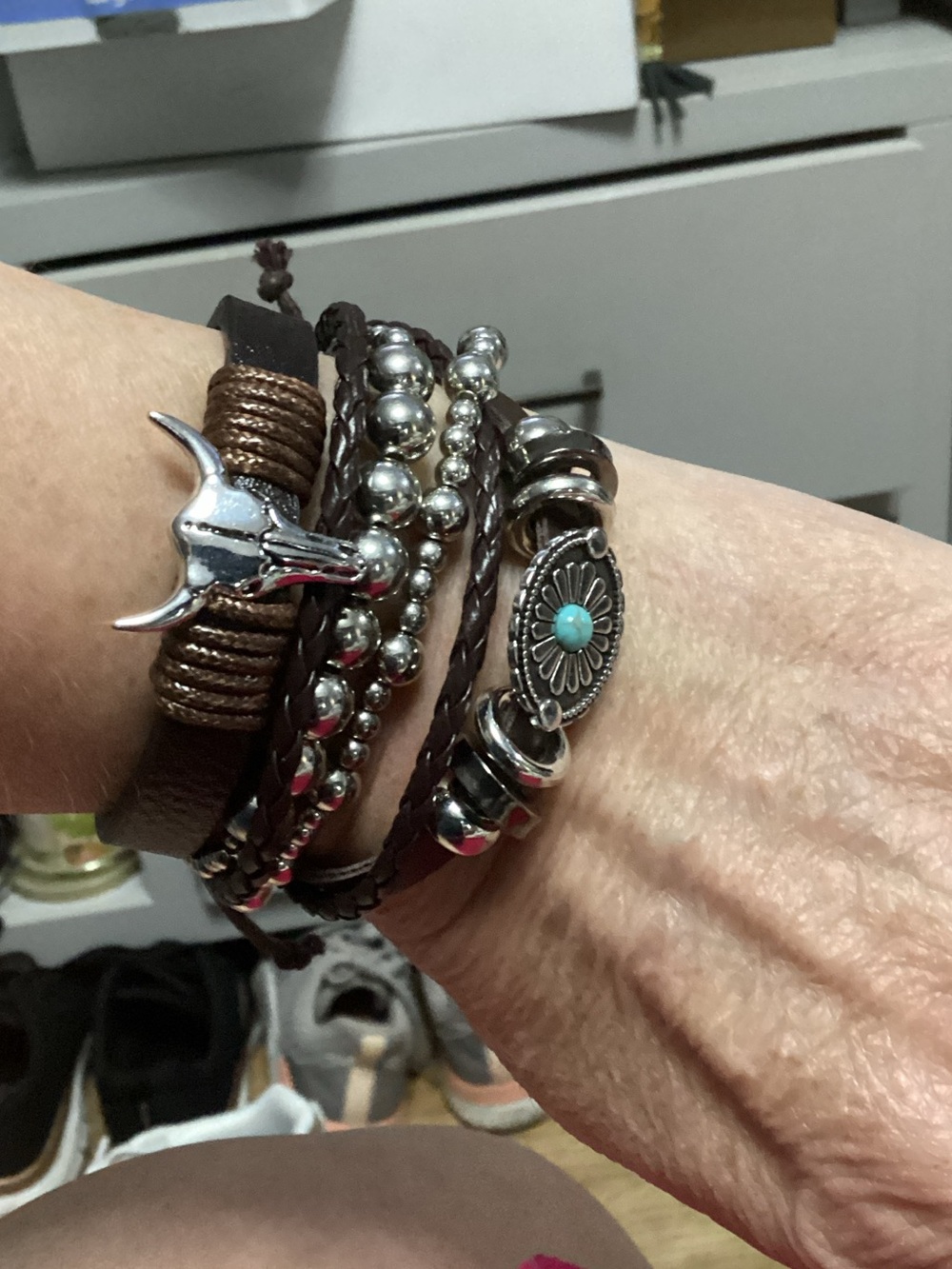 Brown Multi-Strand faux Leather and Silver Bead Bracelet with Turquoise Accent